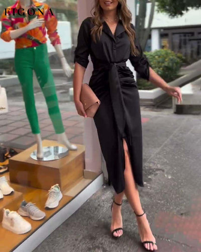 Fashion solid color lapel slit dress casual dresses spring summer