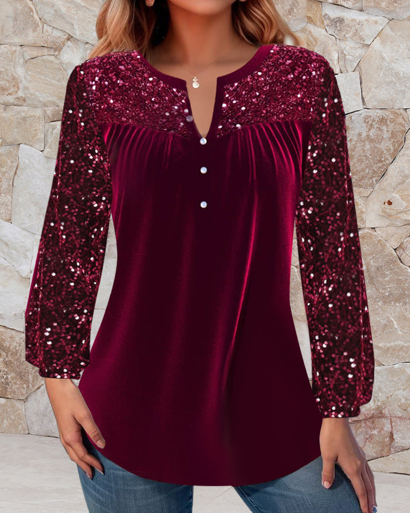 V-neck pleated sequined elegant top 2024 f/w blouses & shirts christmas