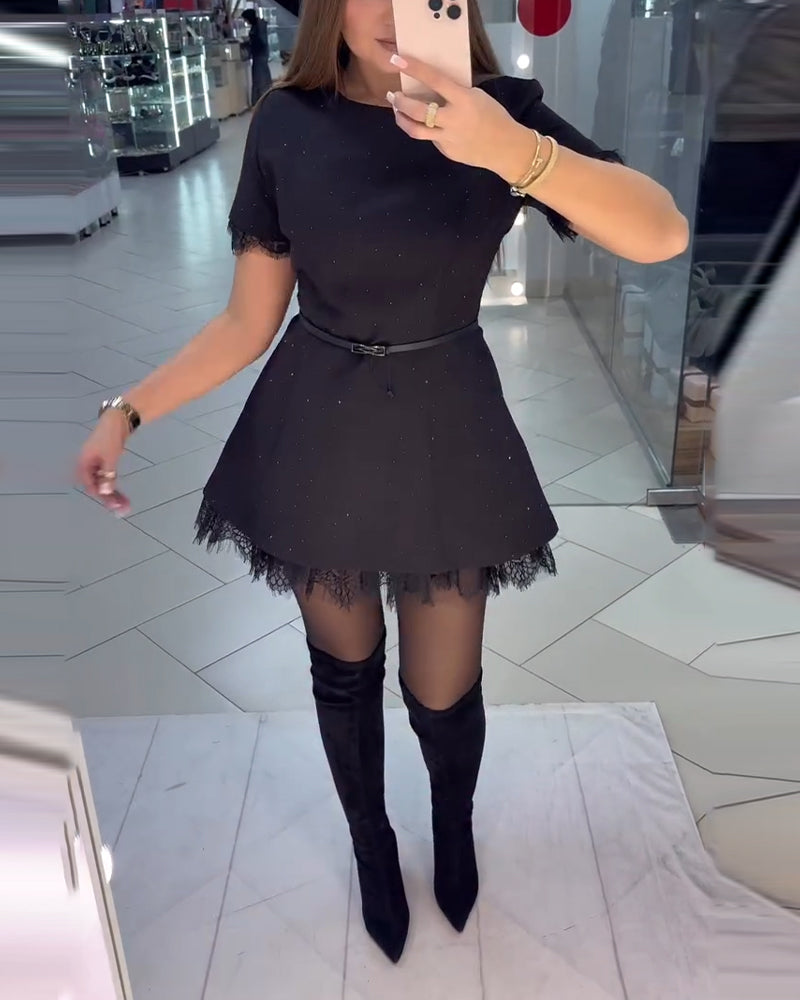 Sparkling Lace Short-Sleeve A-Line Dress