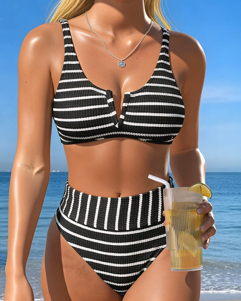 Black White Ribbed Stripe Bikini