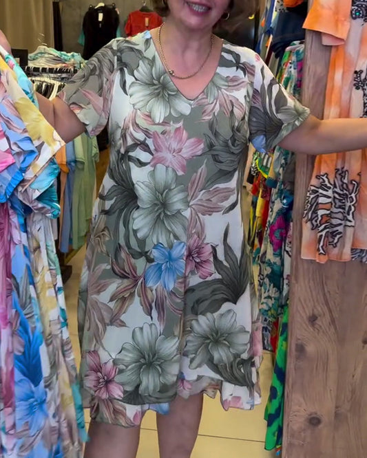 Kleid mit V-Ausschnitt und kurzen Ärmeln und Blumenmuster