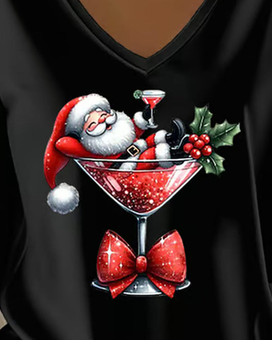 V-Neck Loose-Fitting Christmas Wine Glass Print Top
