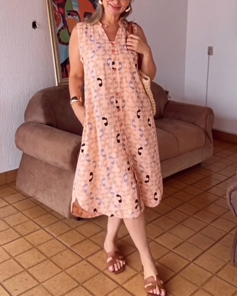 V-Neck Printed Casual Sleeveless Dress