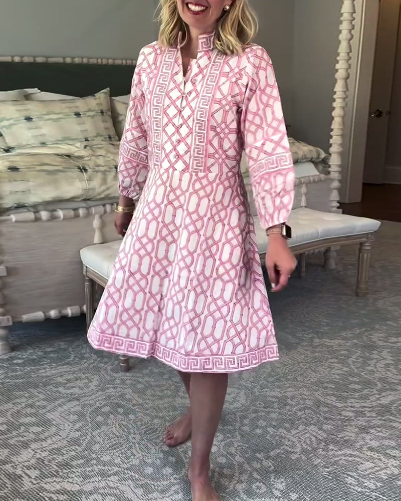 Loses Kleid mit Laternenärmeln, Stehkragen und Print