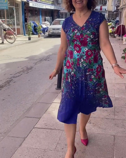 Lässiges Kleid mit V-Ausschnitt und Blumendruck