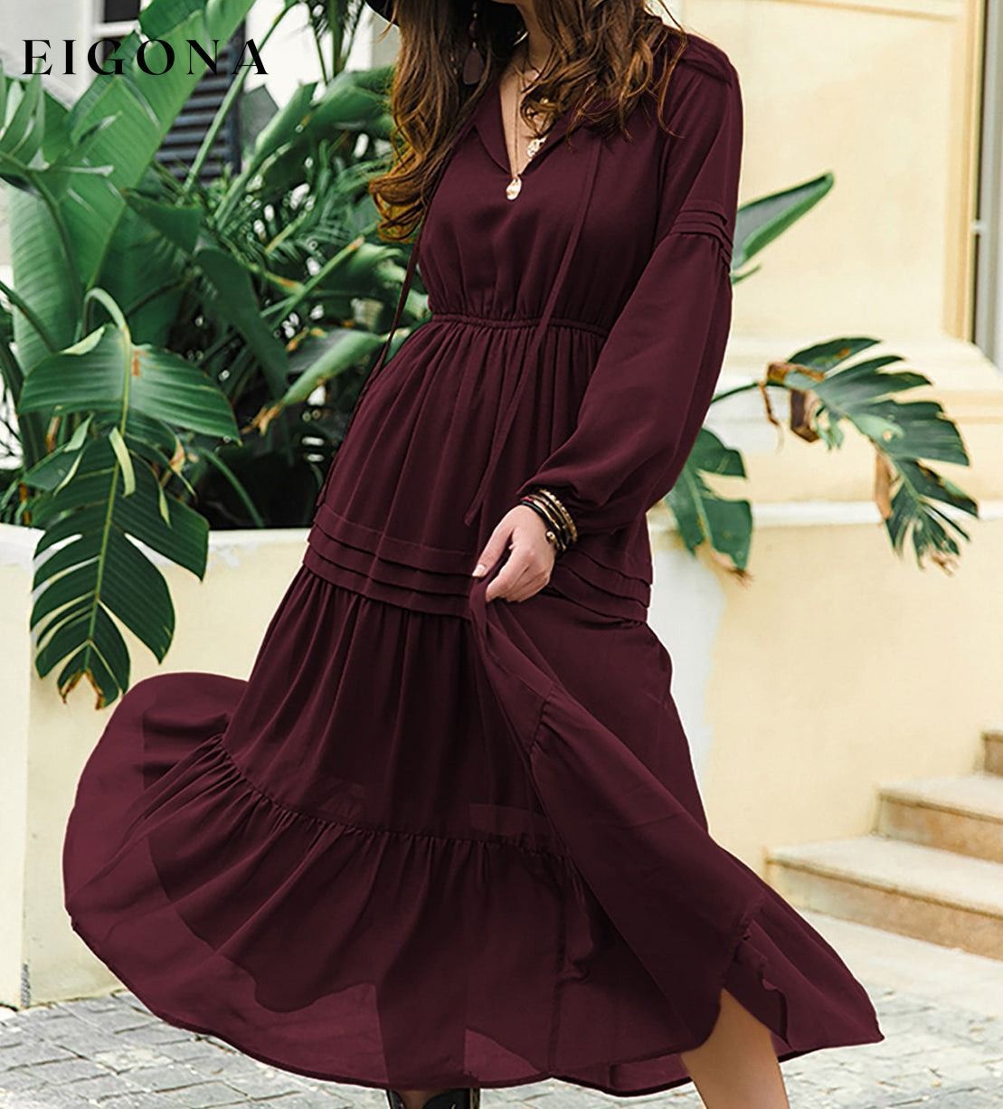 Tie Neck Long Sleeve Midi Tiered Dress Wine clothes H.R.Z Ship From Overseas