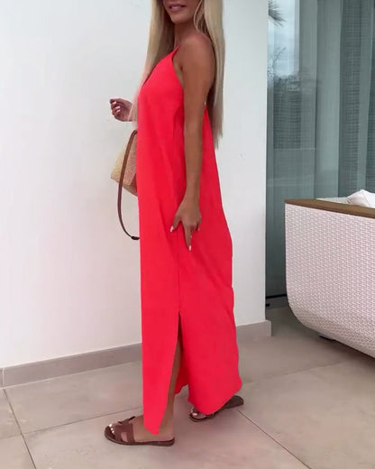 Sleeveless Strapless Solid Color Slit Dress