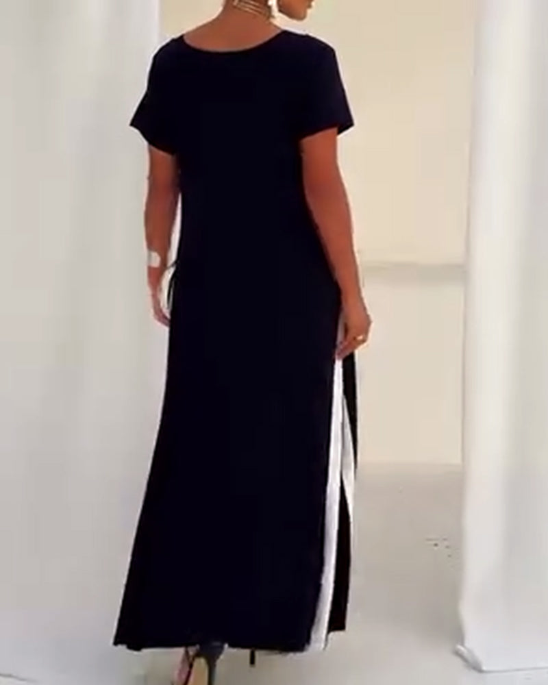 Abito con scollo a V e colori a contrasto