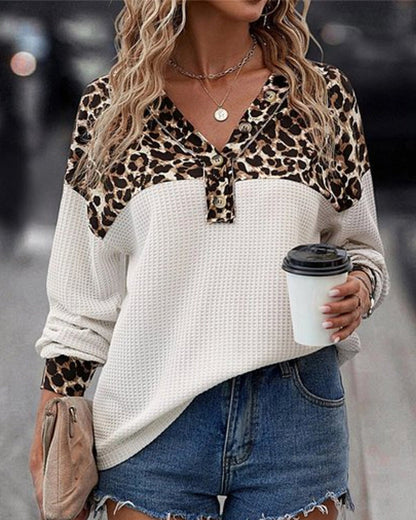 Casual leopard print V-neck buttoned sweatshirt 2024 f/w sweatshirts