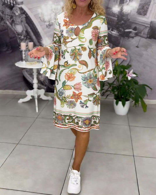 Ruffle Sleeve Printed Round Neck Dress