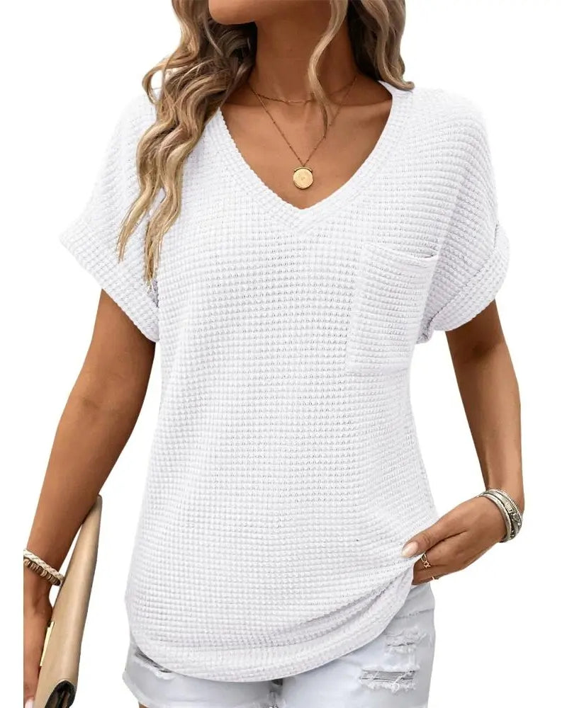 Women's Waffle Knit V-Neck Casual Summer T-shirt