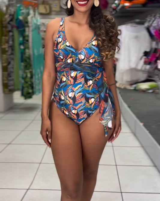 One-Piece Colorful Printed Slit Strap Swimsuit