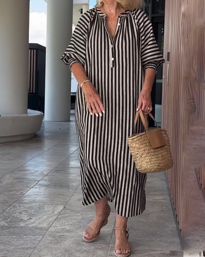 Puff Sleeve Button Slit Striped Dress