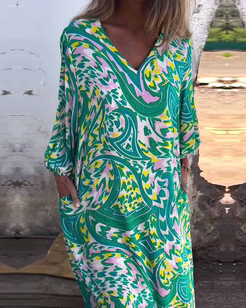 V-Neck Resort Print Long Sleeve Dress