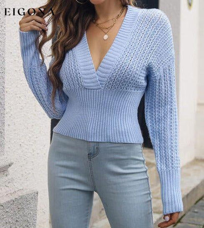 V-Neck Long Sleeve Cropped Sweater Misty Blue clothes M.Y.C Ship From Overseas