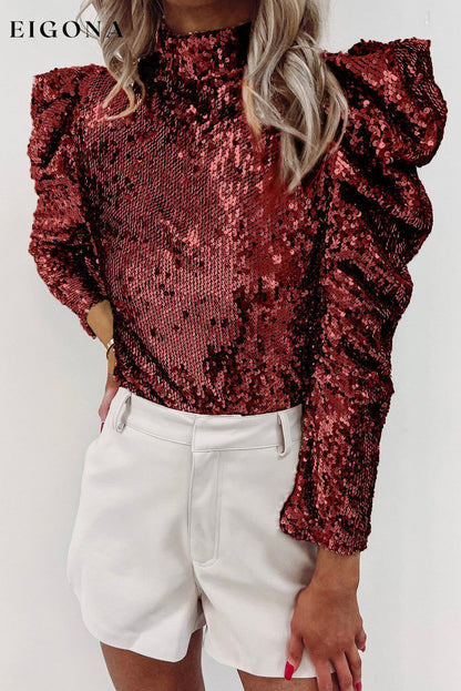 Burgundy Sequin Mock Neck Bubble Sleeve Top All In Stock Ball Graphic Collection clothes Color Red Craft Sequin Day Christmas Day Valentine's Day Hot picks long sleeve shirt long sleeve shirts long sleeve top long sleeve tops Occasion Night Out Print Solid Color Season Winter shirt shirts Sleeve Puff sleeve Style Southern Belle top tops