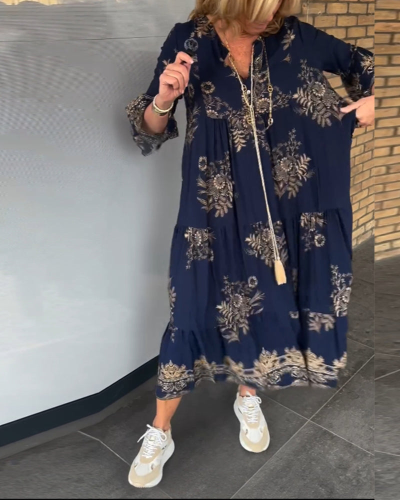 V-hals vintage løs kjole