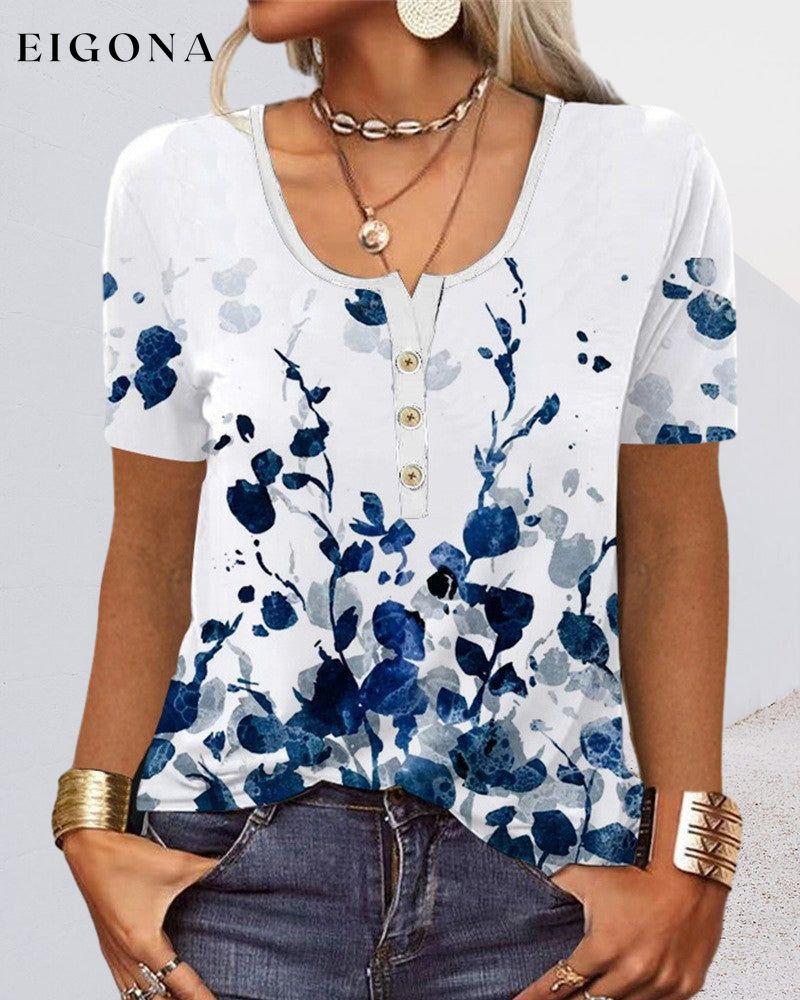 Button short sleeve u-neck printed blouse 23BF Blouses & Shirts clothes Short Sleeve Tops T-shirts Tops/Blouses