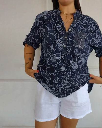 Bedruckte Bluse mit V-Ausschnitt und Button-Down-Kragen
