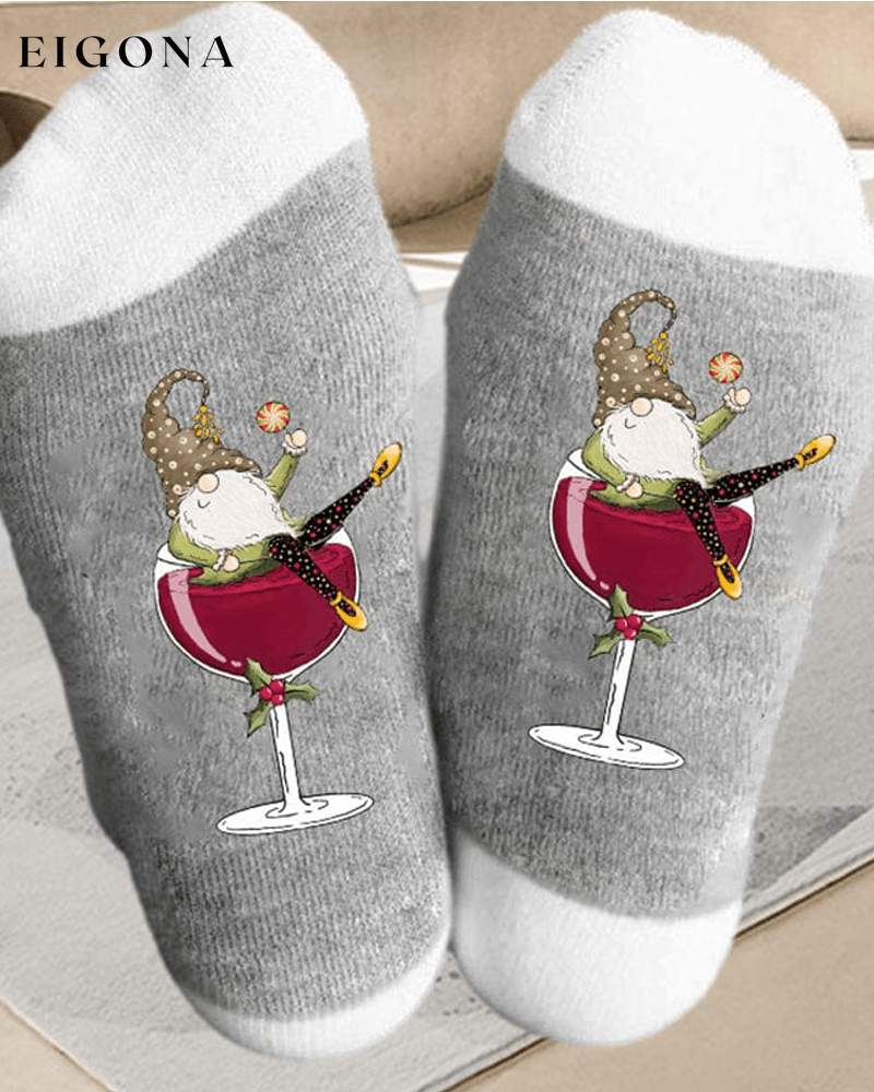 🧦Christmas gnome wine glass unisex crew socks🧦 GREY WHITE 23BF ACCESSORIES Christmas Clothes