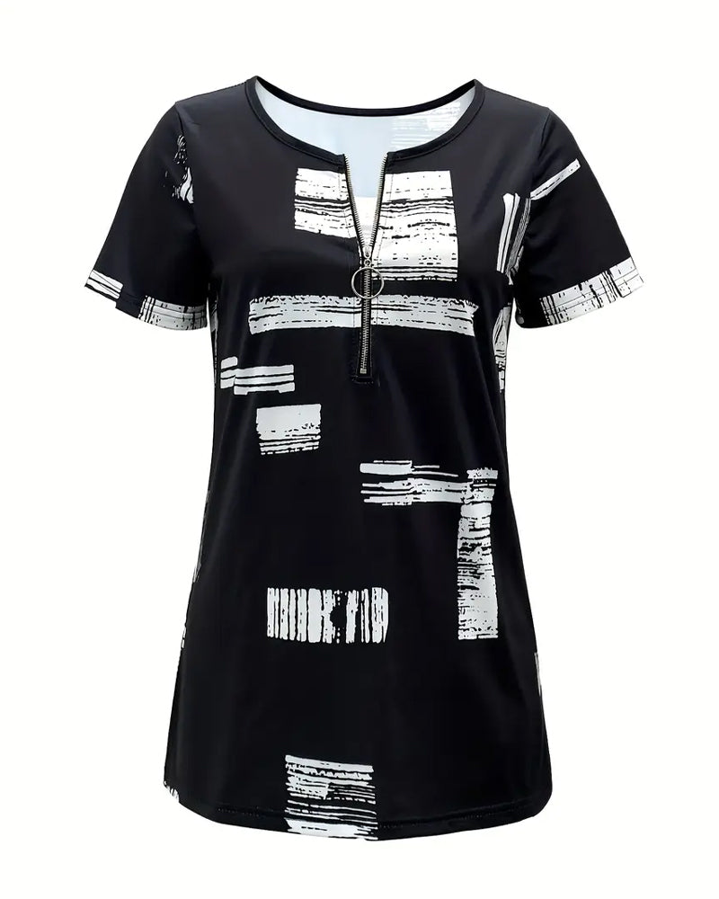 Half-Zip Printed Short-Sleeved Blouse