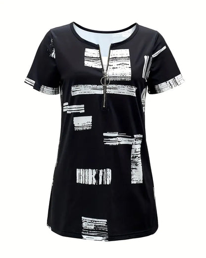 Half-Zip Printed Short-Sleeved Blouse