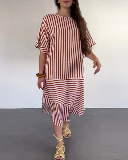 Short-Sleeved Loose-Fitting Striped Dress