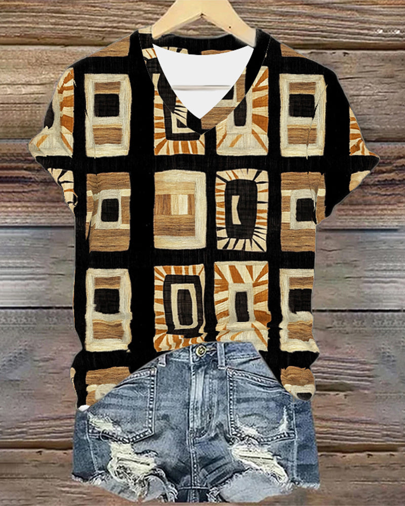 Geometric print V-neck casual T-shirt 2024 f/w summer t-shirts Western Style