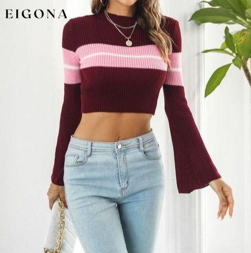 Ribbed Color Block Round Neck Cropped Sweater Wine B&S clothes Ship From Overseas