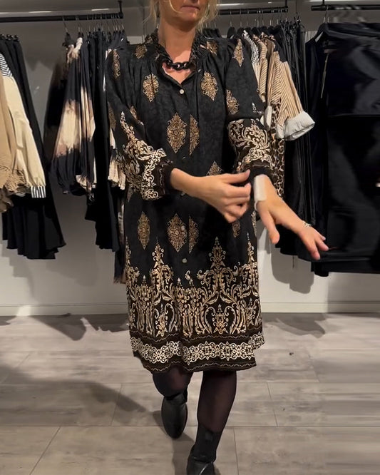 Lapel button-down vintage print dress