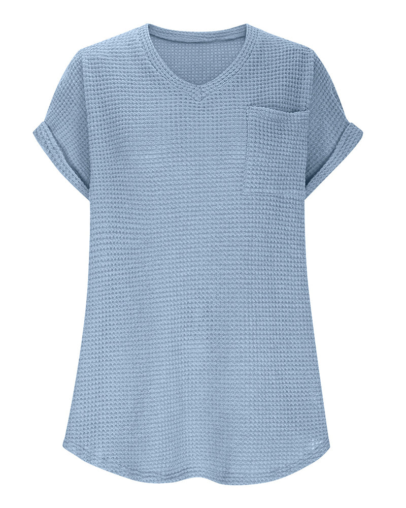 Women's Waffle Knit V-Neck Casual Summer T-shirt