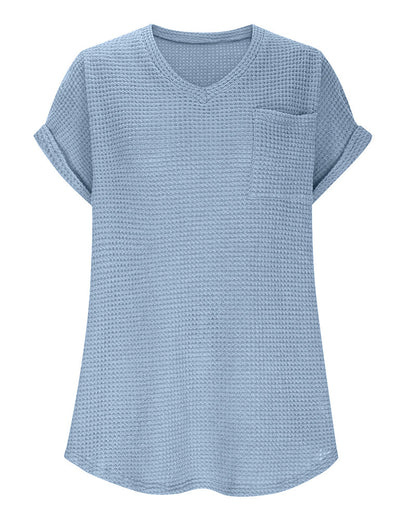 Women's Waffle Knit V-Neck Casual Summer T-shirt