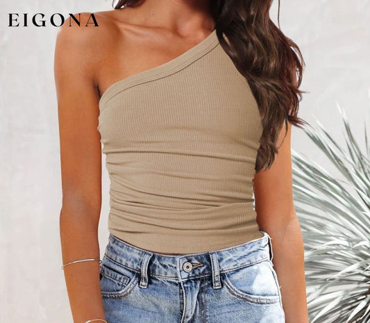 Ribbed One-Shoulder Tank Khaki clothes MDML Ship From Overseas Shipping Delay 09/29/2023 - 10/02/2023 shirt shirts short sleeve top tops trend