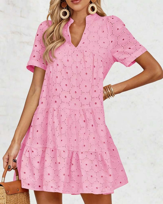 Hollow V-Neck Short-Sleeved Dress