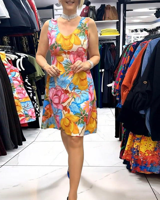 Ärmelloses Kleid mit V-Ausschnitt und geblümter Taille