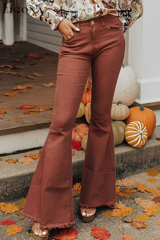 High Waist Raw Hem Flare Jeans Red 98%Cotton+2%Elastane All In Stock Best Sellers bottoms clothes Color Orange Day Halloween Fabric Denim high waisted pants Occasion Daily Print Solid Color Season Fall & Autumn Silhouette Flare Style Western