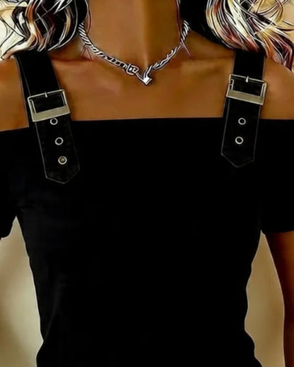 Slider buckle Off-Shoulder Solid Color Relaxed T-Shirt