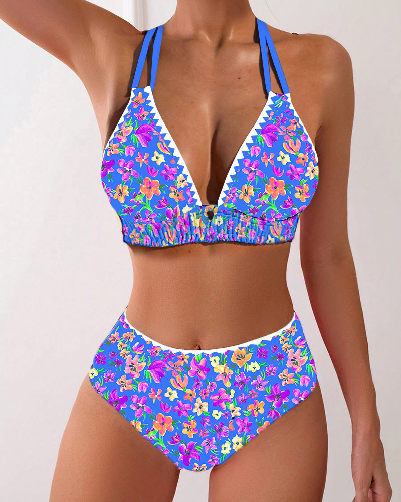 Bikini sexy con stampa floreale e scollo a V