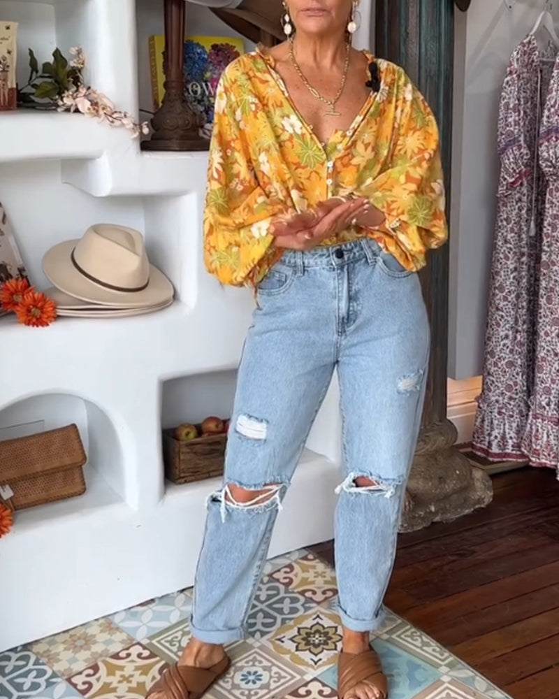 Bluse mit Blumendruck und V-Ausschnitt