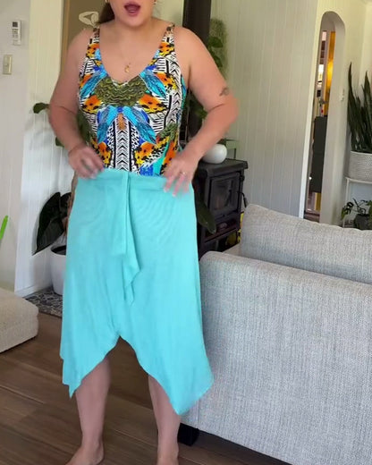 Costume da bagno intero con stampa e lacci sulle spalle da donna e set di pareo