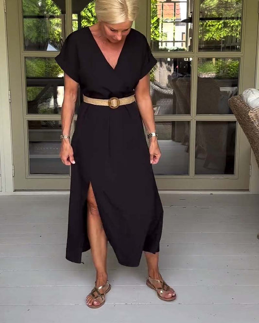 Solid color short sleeve slit dress casual dresses summer