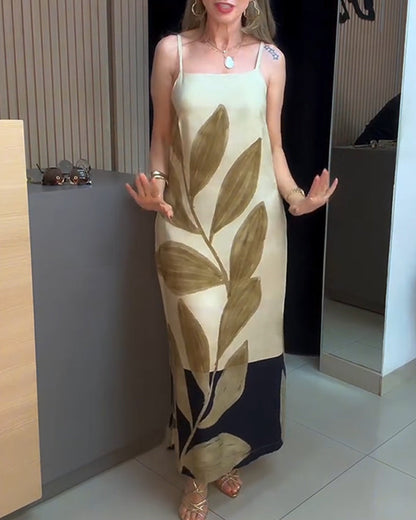 Spaghetti Strap Leaf Print Vacation Dress