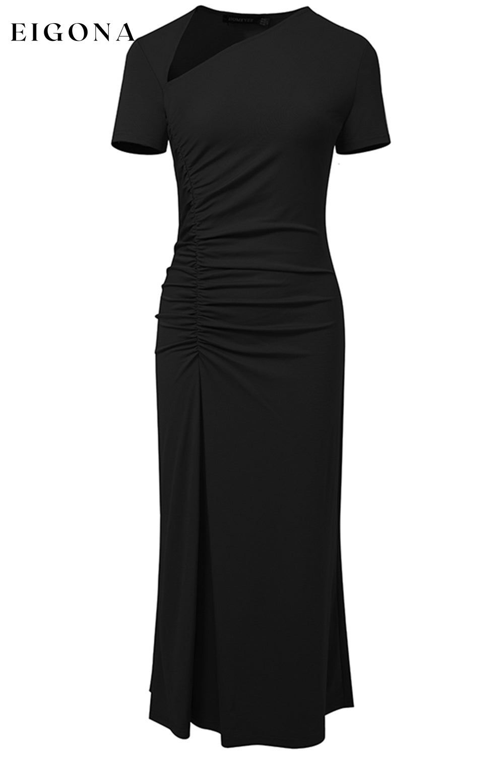 Asymmetrical Neck Short Sleeve Black Midi Dress A&Y.S casual dresses clothes dress dresses evening dress evening dresses midi dress Ship From Overseas Shipping Delay 09/29/2023 - 10/01/2023 trend