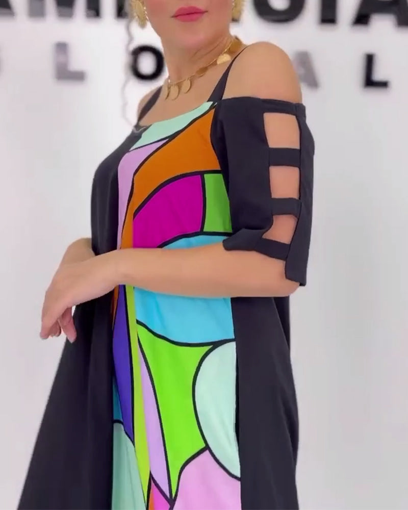 Lockeres Kleid mit schulterfreiem Kontrastdruck