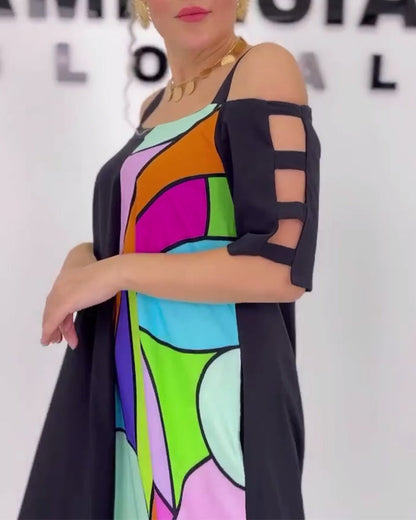 Lockeres Kleid mit schulterfreiem Kontrastdruck