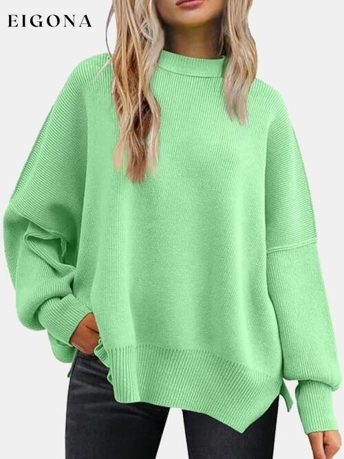 Round Neck Drop Shoulder Slit Sweater Mint Green clothes R.T.S.C Ship From Overseas Sweater sweaters Sweatshirt