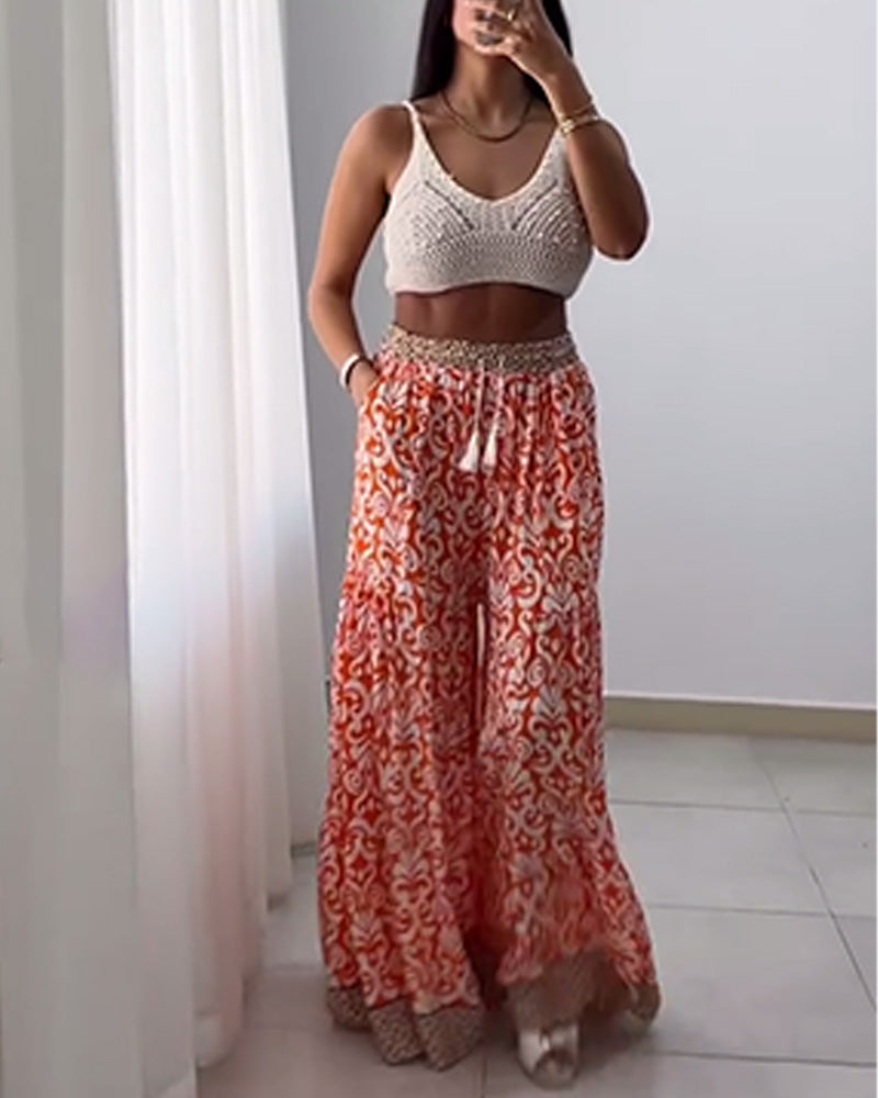 Printed Drawstring Wide-Leg Pants