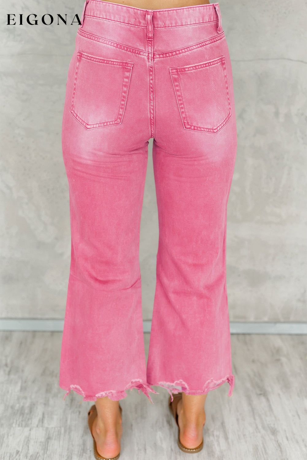 Peach Blossom Distressed Hollow-out High Waist Cropped Flare Jeans All In Stock Best Sellers bottoms clothes Color Pink Craft Distressed Craft Washed EDM Monthly Recomend Fabric Denim Jeans Occasion Daily Print Solid Color Season Spring Silhouette Wide Leg Style Southern Belle Women's Bottoms