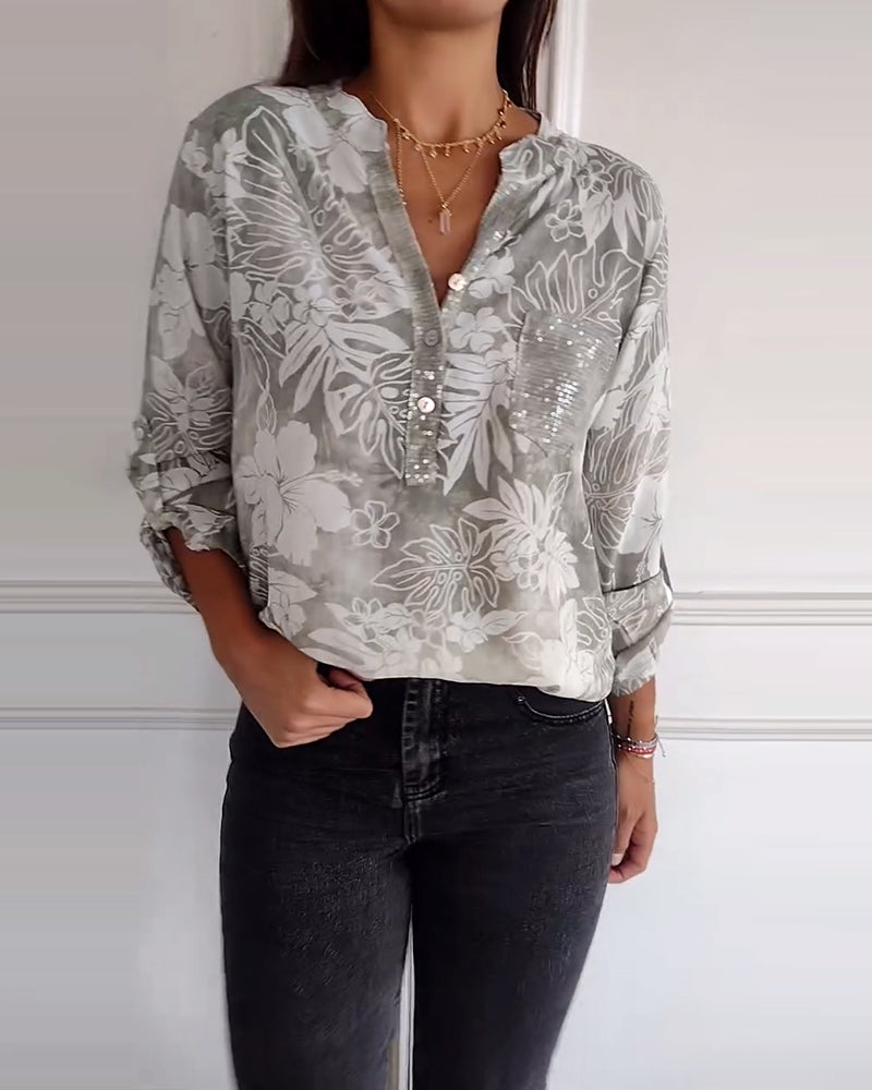 Patchwork-Top mit Pailletten und Blättermuster