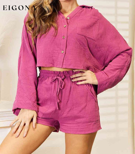 Basic Bae Buttoned Long Sleeve Top and Shorts Set, loungewear sets Fuchsia Basic Bae clothes lounge wear loungewear sets Ship from USA